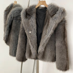 OFTBUY Luxury Hooded Faux Fur Jacket - Premium Vegan Silver Fox Style Cropped Winter Coat