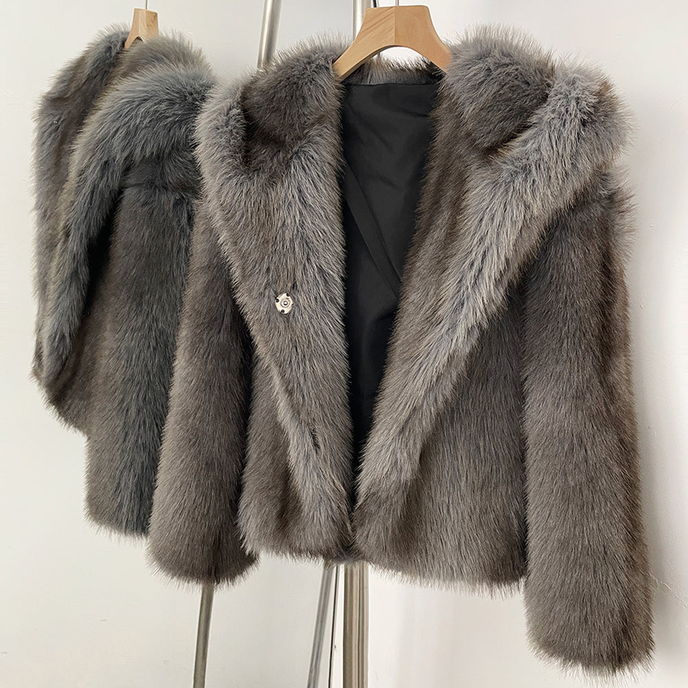 OFTBUY Luxury Hooded Faux Fur Jacket - Premium Vegan Silver Fox Style Cropped Winter Coat