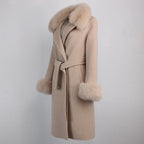 OFTBUY Winter Jacket Women Long Natural Wool Blends Cashmere Real Fur Coat Double Breasted Belt Warm Streetwear New Fashion