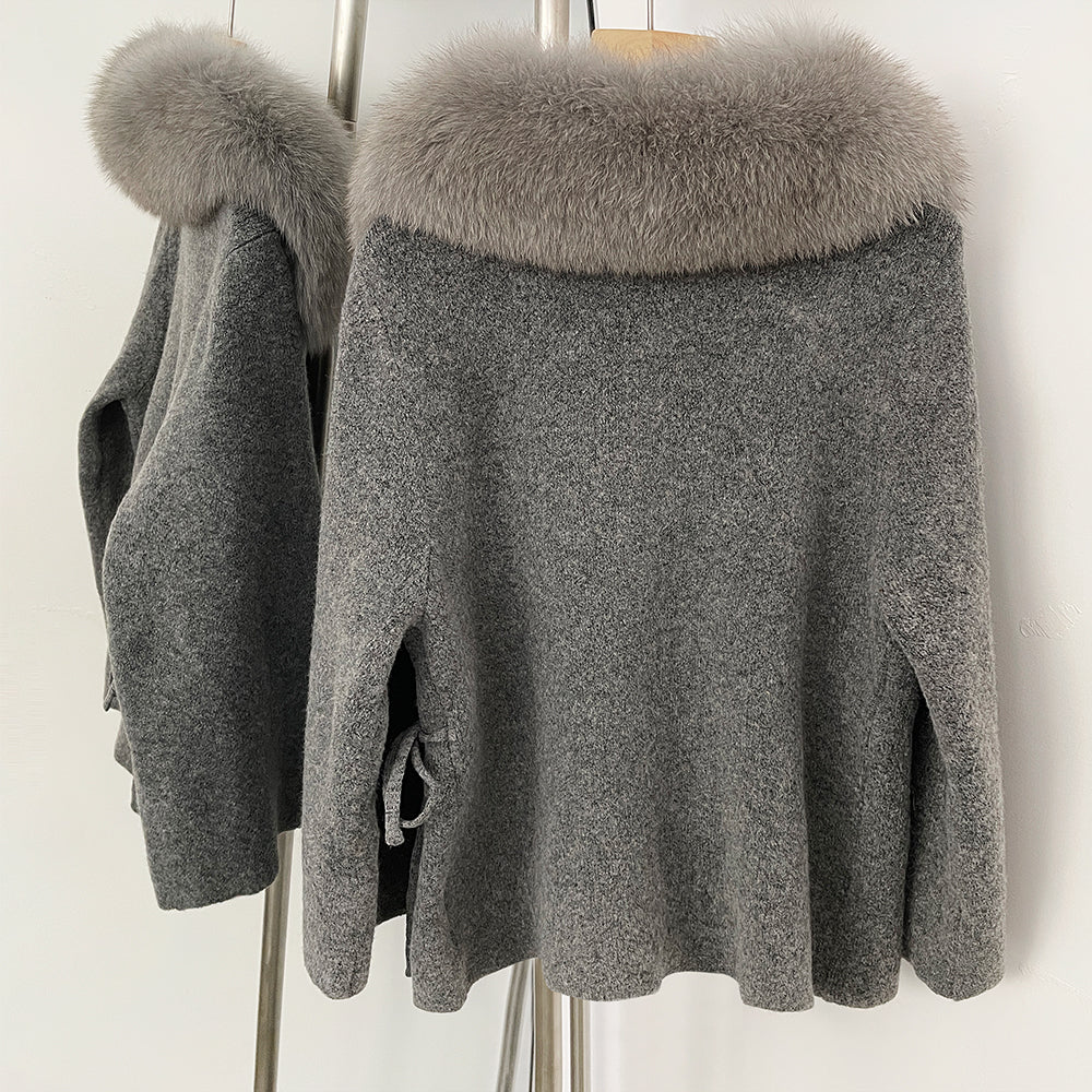 OFTBUY Women's Real Fox Raccoon Fur Collar Knit Wrap Coat Drawstring Waist Autumn Winter Cardigan Jacket Female Luxury Outerwear