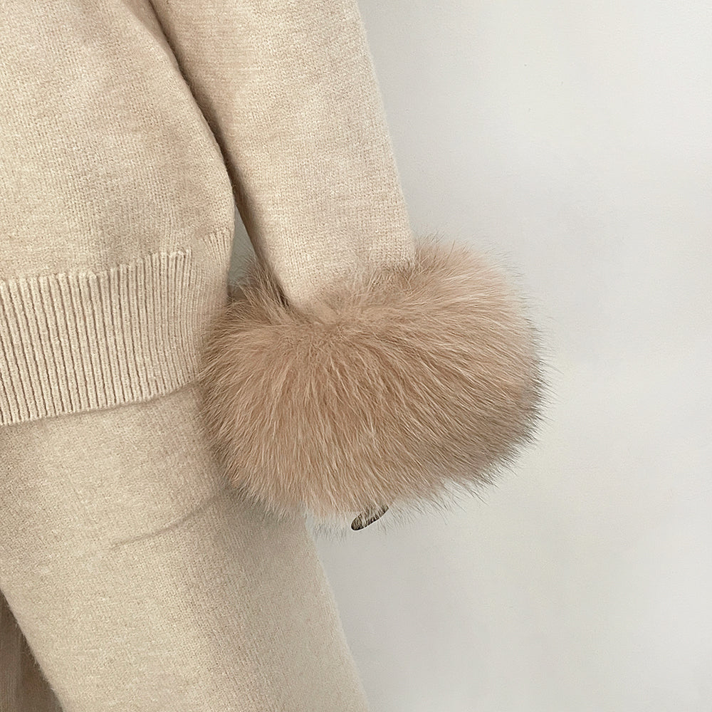 OFTBUY New Women's Knitted Two Piece Set with Real Fox Fur Cuffs V Neck Warm Winter Casual Elegant Outfit Sweater Female