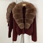 OFTBUY New Women's Knit Cardigan with Large Real Fox Fur Collar Loose Fit Warm Winter Fashion Lady Outerwear Sweater Female
