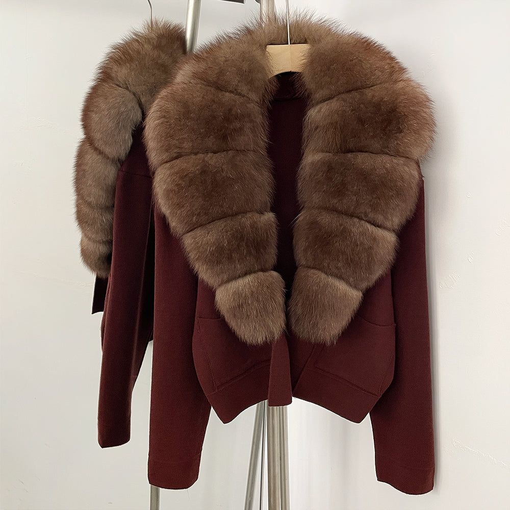 OFTBUY New Women's Knit Cardigan with Large Real Fox Fur Collar Loose Fit Warm Winter Fashion Lady Outerwear Sweater Female