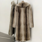 OFTBUY Luxury Long-Line Notch Lapel Faux Fur Coat - Elegant Winter Vegan Fur Overcoat