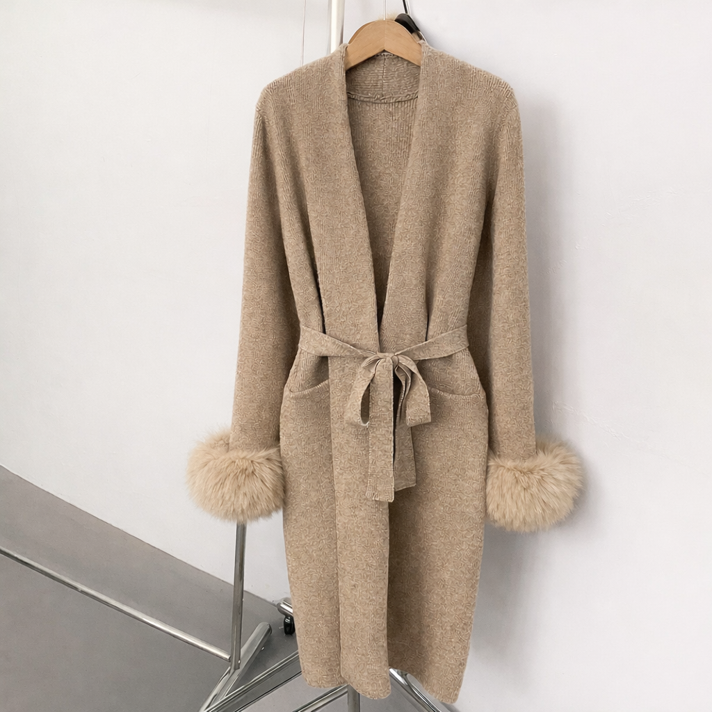 OFTBUY Women's Black Knit Cardigan with Real Fox Fur Cuffs Belted Long Sleeve Sweater Coat Female Warm Winter Outerwear