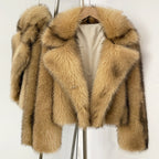 OFTBUY Luxury Oversized Lapel Faux Fur Jacket - Premium Vegan Fur Short Coat for Winter Glamour