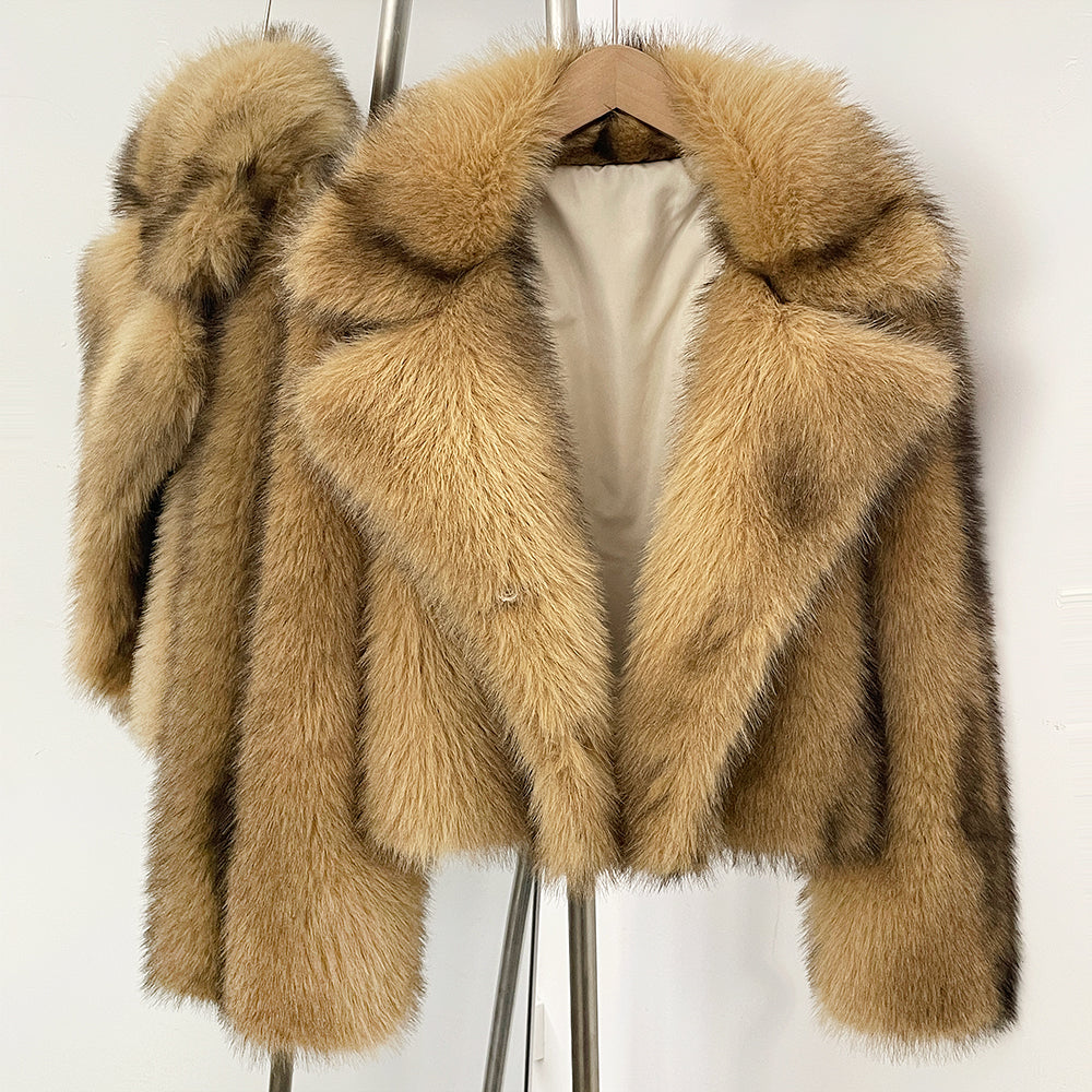 OFTBUY Luxury Oversized Lapel Faux Fur Jacket - Premium Vegan Fur Short Coat for Winter Glamour