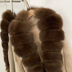 OFTBUY 2025 New Women's Knit Coat with Full Real Fox Fur Trim Belted Warm Winter Elegant Fashion Outerwear Female Long Sweater