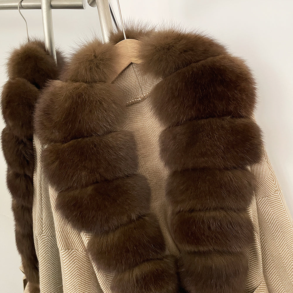 OFTBUY 2025 New Women's Knit Coat with Full Real Fox Fur Trim Belted Warm Winter Elegant Fashion Outerwear Female Long Sweater