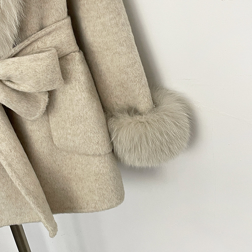 OFTBUY Hooded Big Natural Fur Belt Wool Coat Women New Autumn Winter Real Fox Fur Clothes Female Pocket Luxury Woolen Coat Lady
