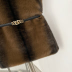 OFTBUY Luxury Belted Faux Fur Vest - Elegant Funnel Neck Vegan Fur Gilet with Vertical Stripes