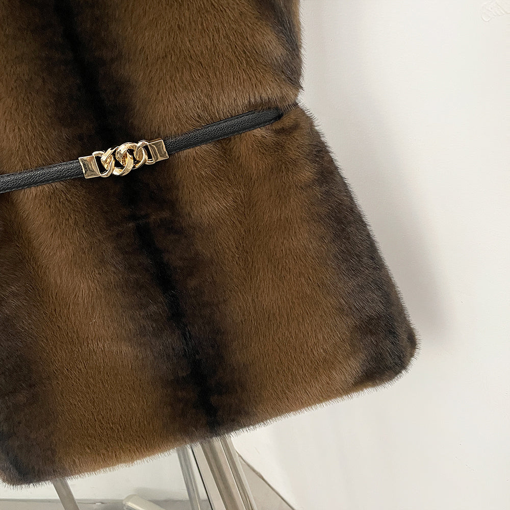 OFTBUY Luxury Belted Faux Fur Vest - Elegant Funnel Neck Vegan Fur Gilet with Vertical Stripes