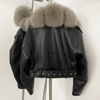 OFTBUY Natural Fox Fur Faux Leather Jacket Female New Autumn Short Top Clothing Women Long Sleeve Fake Leather Real Fur Coat