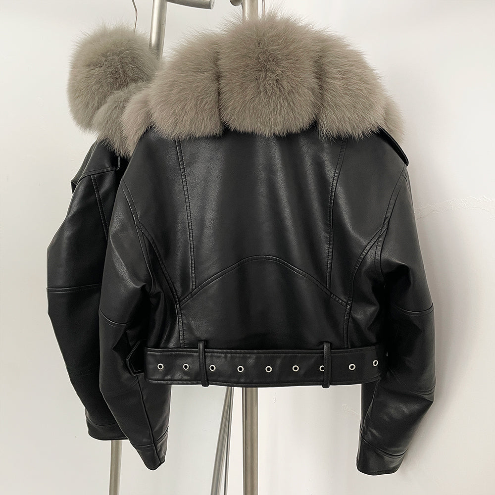 OFTBUY Natural Fox Fur Faux Leather Jacket Female New Autumn Short Top Clothing Women Long Sleeve Fake Leather Real Fur Coat