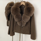 OFTBUY Women's Faux Fur Collar Knit Zip Up Jacket Brown Loose Warm Winter Sweater Coat Female Fashion Casual Cardigan Outerwear