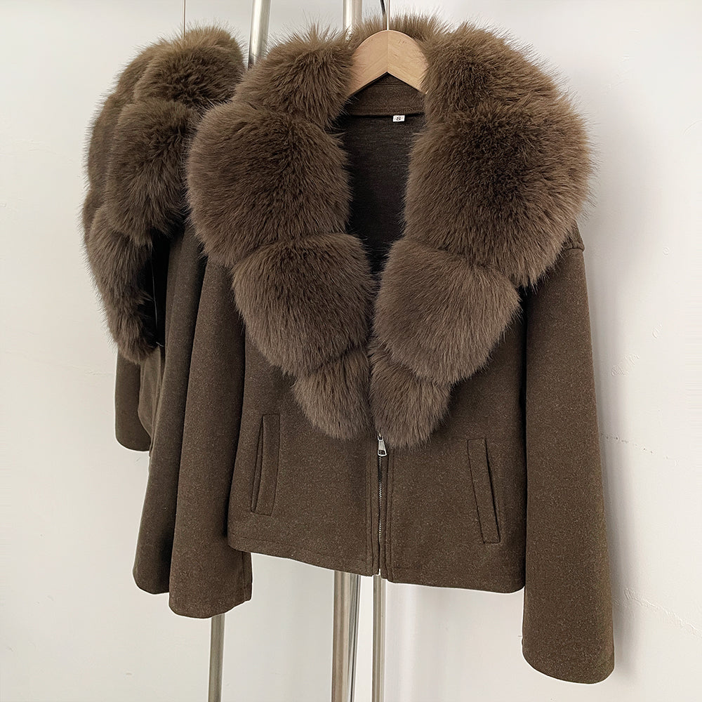 OFTBUY Women's Faux Fur Collar Knit Zip Up Jacket Brown Loose Warm Winter Sweater Coat Female Fashion Casual Cardigan Outerwear