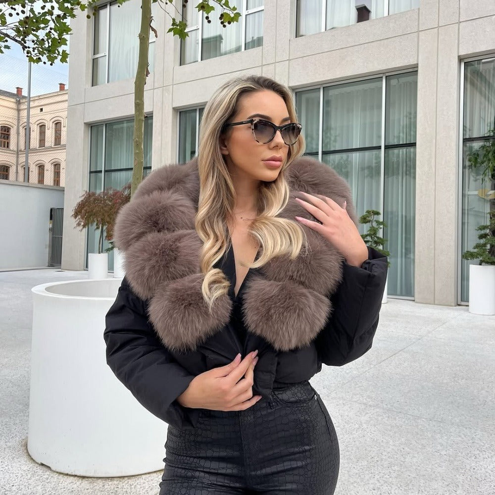 OFTBUY Luxury Cropped Puffer Jacket with Massive Real Fox Fur Collar - Premium 90% Duck Down Winter Coat