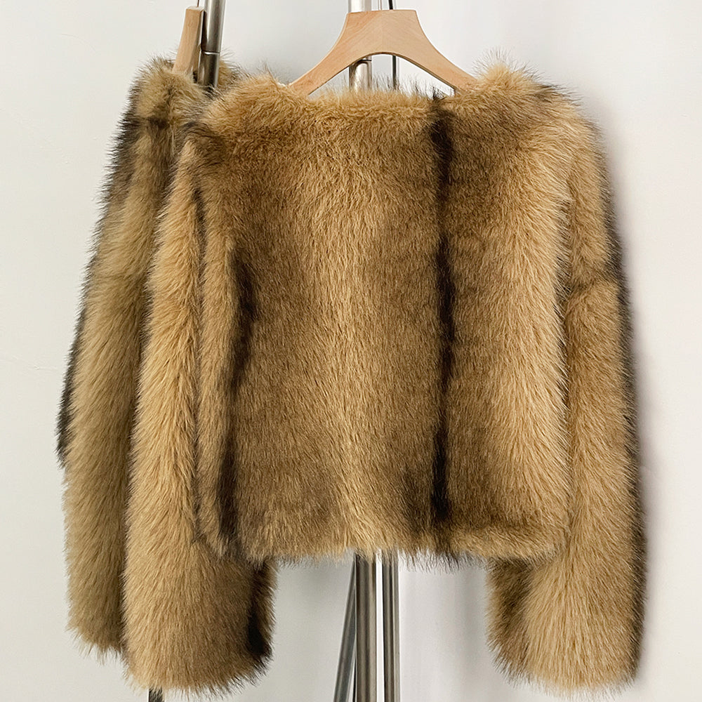 OFTBUY Luxury Collarless Faux Fur Jacket - Chic Short Fluffy Vegan Fur Coat for Women