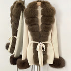 OFTBUY Belt Textured Knit Warm Winter Luxury Outerwear Female Sweater Cardigan New Women's Knit Coat with Large Real Fox Fur