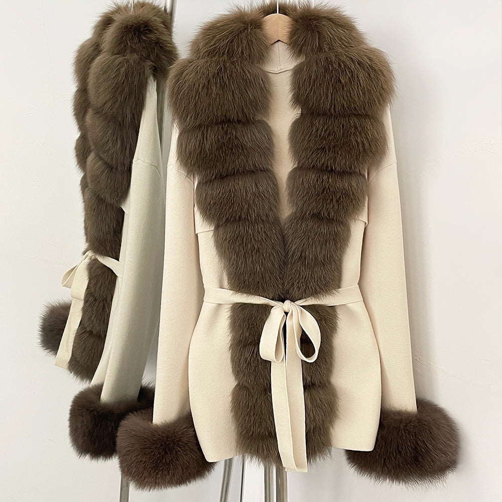 OFTBUY Belt Textured Knit Warm Winter Luxury Outerwear Female Sweater Cardigan New Women's Knit Coat with Large Real Fox Fur