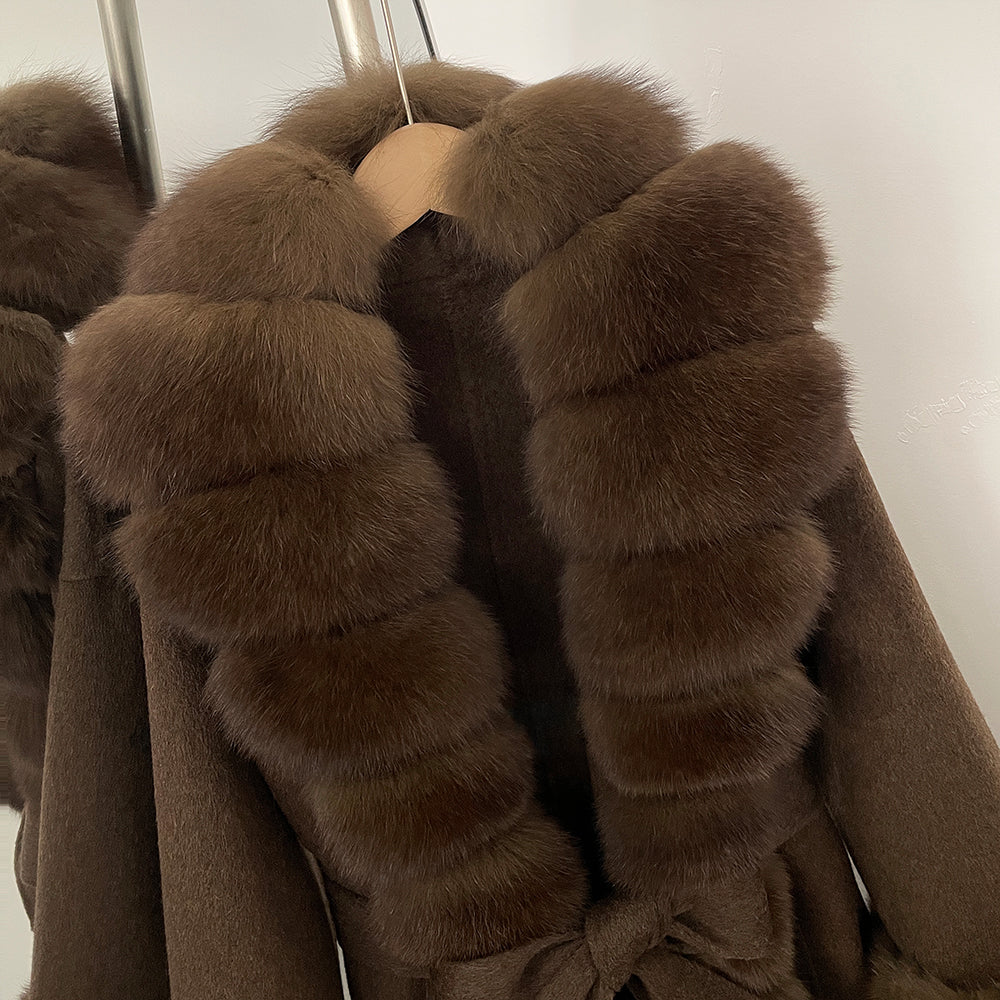 OFTBUY Long Big Fox Fur Pinnacle 100% Wool Coat Female New Autumn Winter Clothes Women Belt Natural Fur Collar Woolen Jacket