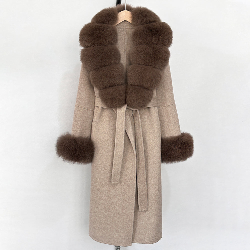 OFTBUY New Women's Double-Faced Wool Coat with Large Real Fox Fur Belted Warm Winter Luxury Fashion Outerwear Woolen Jacket Lady
