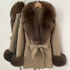 OFTBUY New Women's Double-Faced Wool Coat with Large Real Fox Fur Collar Cuffs Belted Warm Winter Elegant Fashion Outerwear Lady