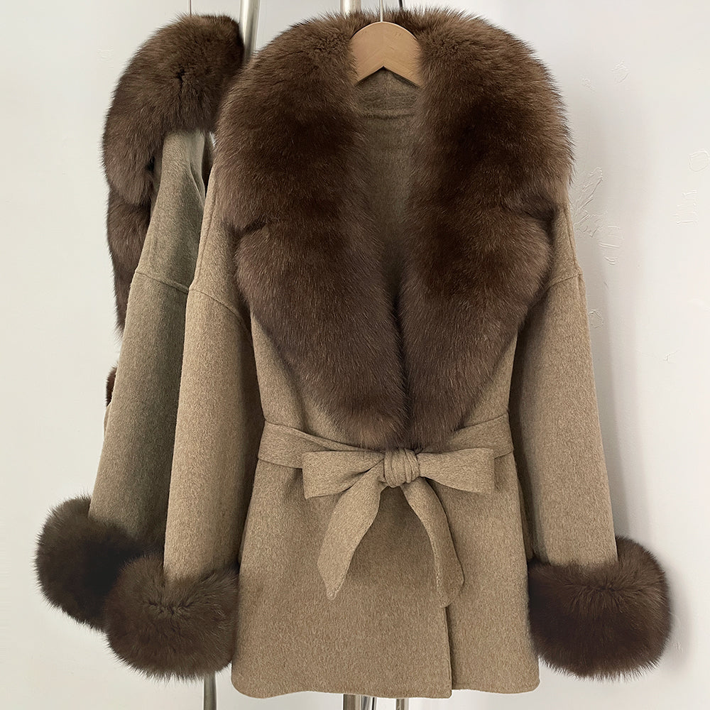 OFTBUY New Women's Double-Faced Wool Coat with Large Real Fox Fur Collar Cuffs Belted Warm Winter Elegant Fashion Outerwear Lady