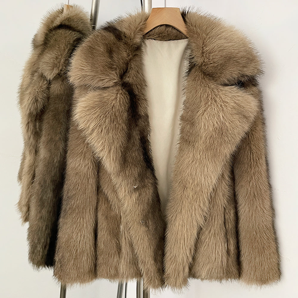Chic khaki vegan fur coat showing the soft, dense texture and wide collar