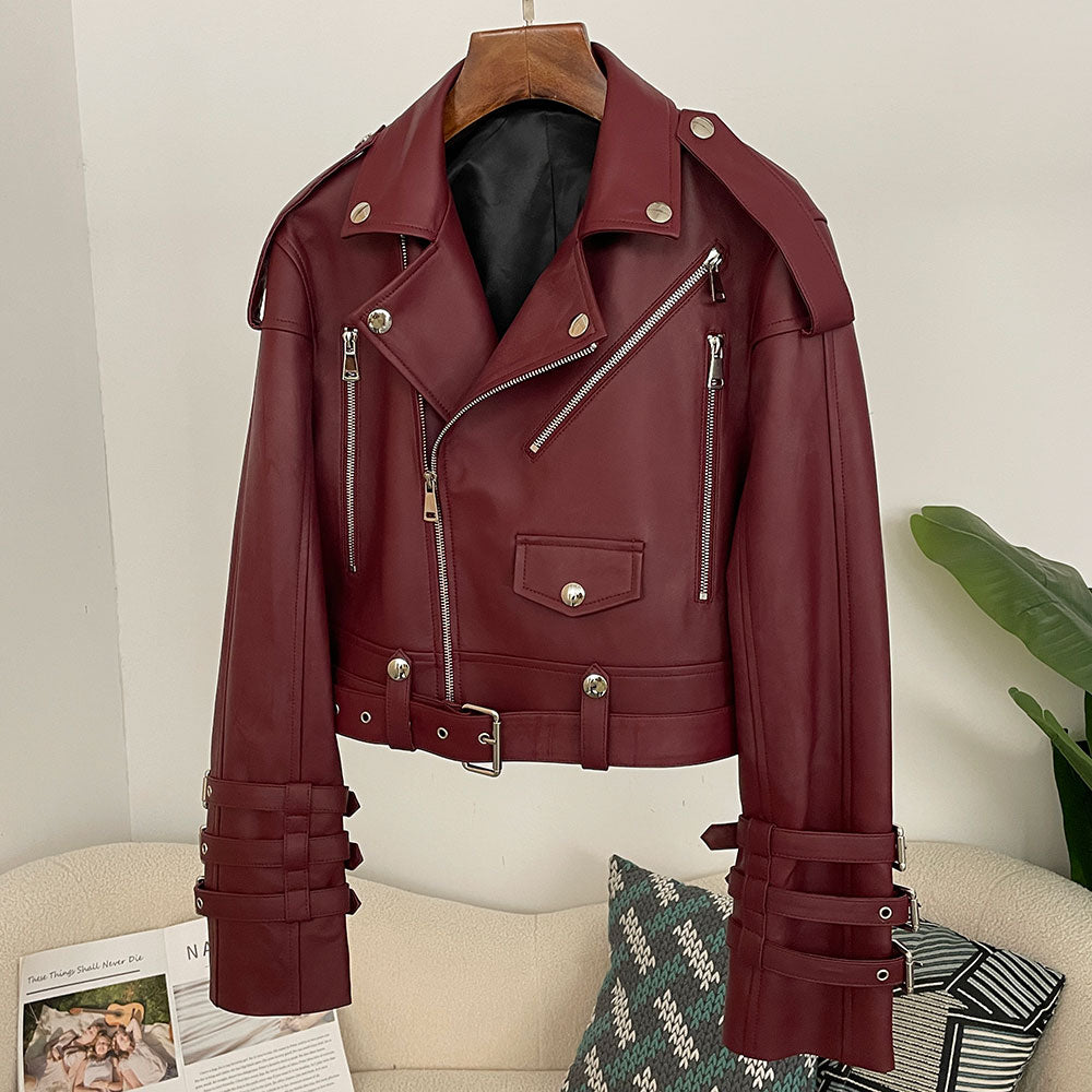 OFTBUY New Women's Genuine Leather Cropped Moto Jacket Crocodile Embossed Real Leather Biker Coat with Belt Punk Rock Outerwear