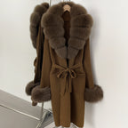 OFTBUY New Cardigan Autumn Winter Long Knit Clothing Women Loose Warm Belt Sweater Jacket with Real Fox Fur Collar and Cuffs