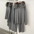 OFTBUY Knitted Pant Set Female Fashion Warm Real Fox Fur Sweater Lady New Autumn Winter Plus Size Woman Clothes Outfits Knitwear