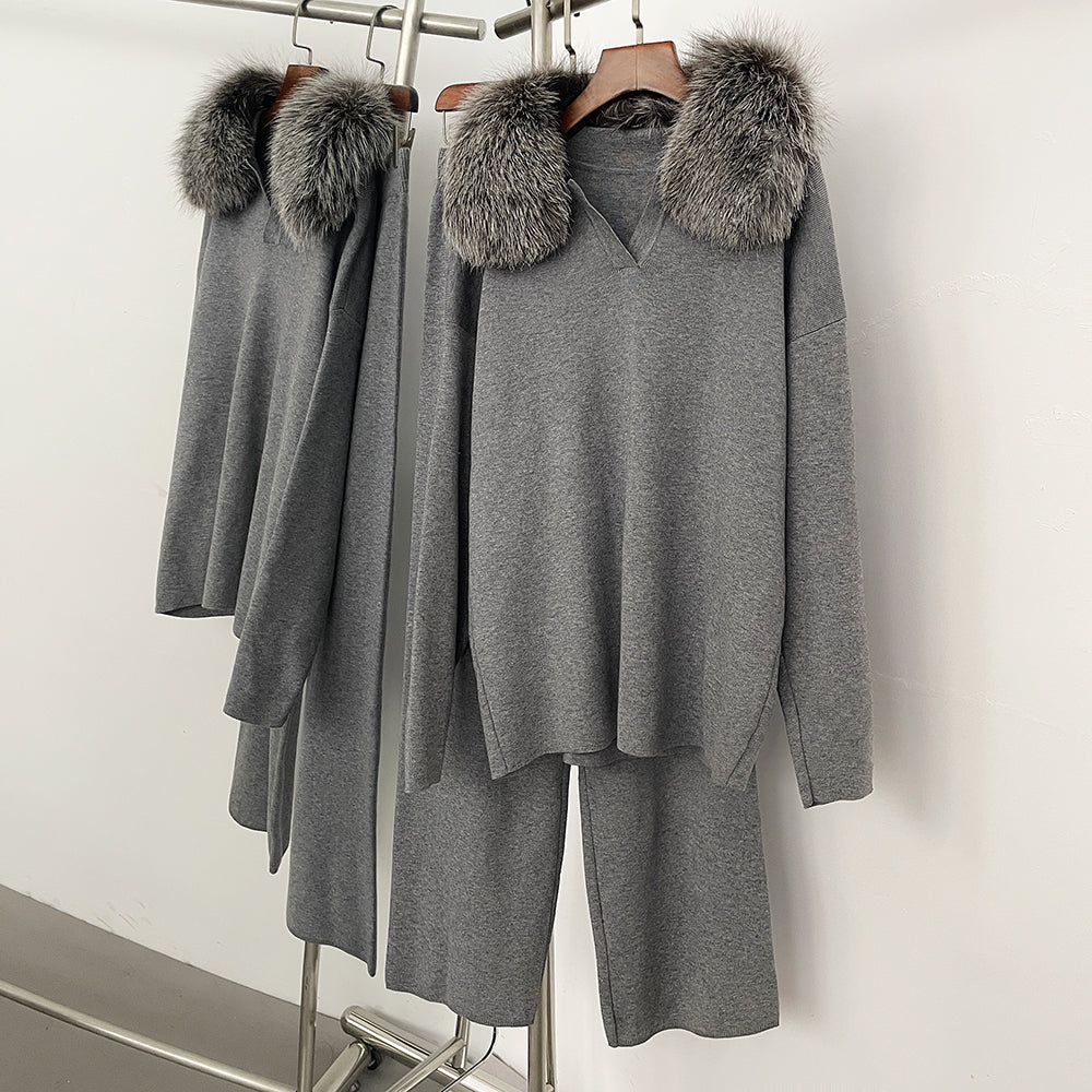OFTBUY Knitted Pant Set Female Fashion Warm Real Fox Fur Sweater Lady New Autumn Winter Plus Size Woman Clothes Outfits Knitwear