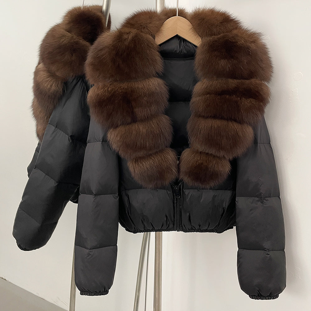 OFTBUY New Puffer Jacket Women with Large Natural Fox Fur Collar Short Fluffy Thick Parkas Female 90% White Duck Down Coat Lady