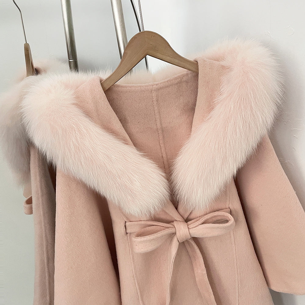 OFTBUY New Autumn Winter Wool Clothing Women Belt Hooded Real Fox Fur Cape Coat Female Fashion Warm Woolen Natural Fur Jacket