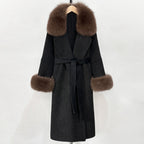 OFTBUY Fashion Warm Wool Coat with Real Fox Fur Collar New Autumn Winter Long Clothing Women Belt Elegant Woolen Jcacket Female