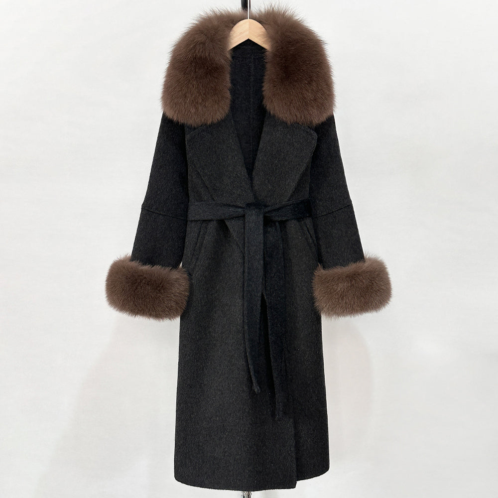 OFTBUY Fashion Warm Wool Coat with Real Fox Fur Collar New Autumn Winter Long Clothing Women Belt Elegant Woolen Jcacket Female