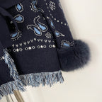 OFTBUY Women's Paisley Knit Cardigan with Real Fox Fur Trim Belted Sweater Coat Female New Luxury Clothes Winter Outerwear Lady