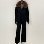 OFTBUY New Women's Knit Two Piece Set with Real Fox Fur Collar Loose Pants Warm Winter Elegant Casual Outfit Sweater Female