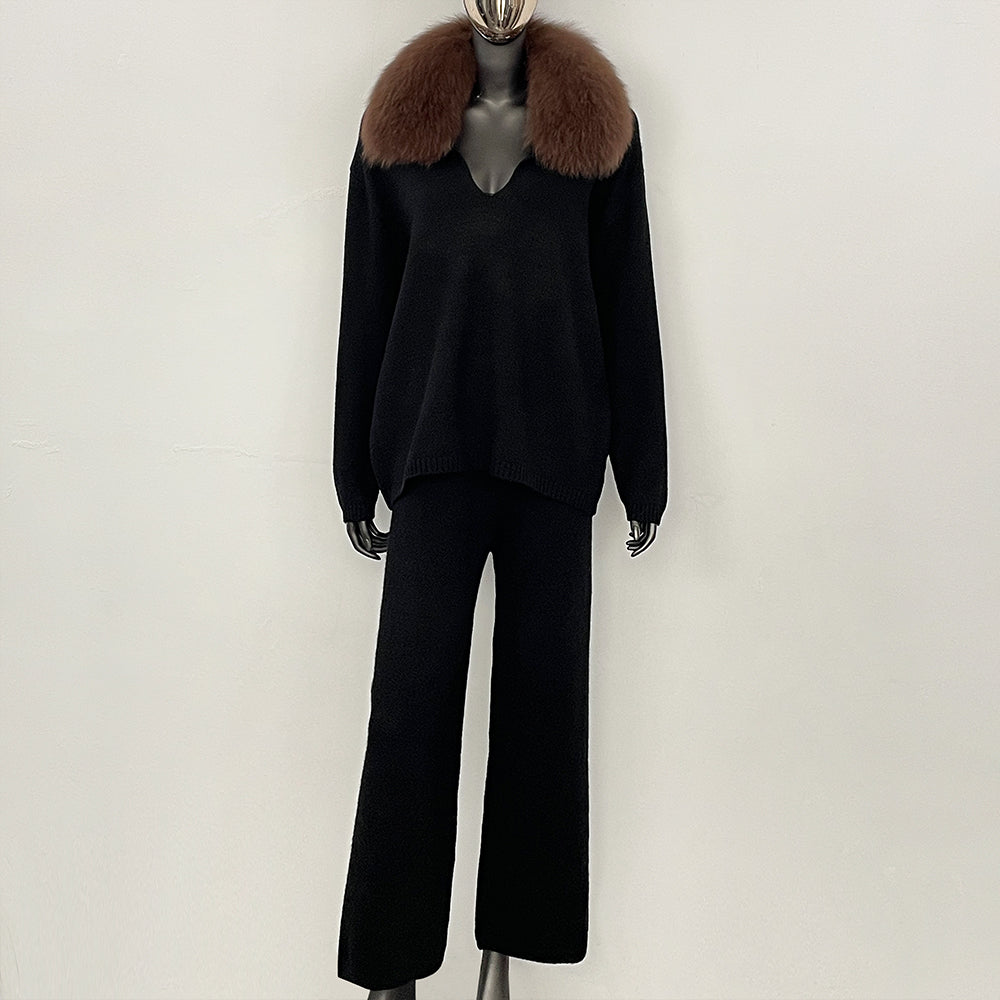 OFTBUY New Women's Knit Two Piece Set with Real Fox Fur Collar Loose Pants Warm Winter Elegant Casual Outfit Sweater Female