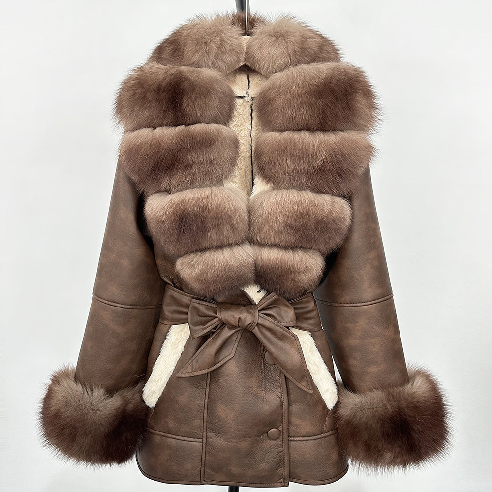 OFTBUY Large Natural Fox Fur Women Faux Leather Jacket Autumn Winter Fashion Ladies Warm Retor Faux Lamb Fur Coat Outwear