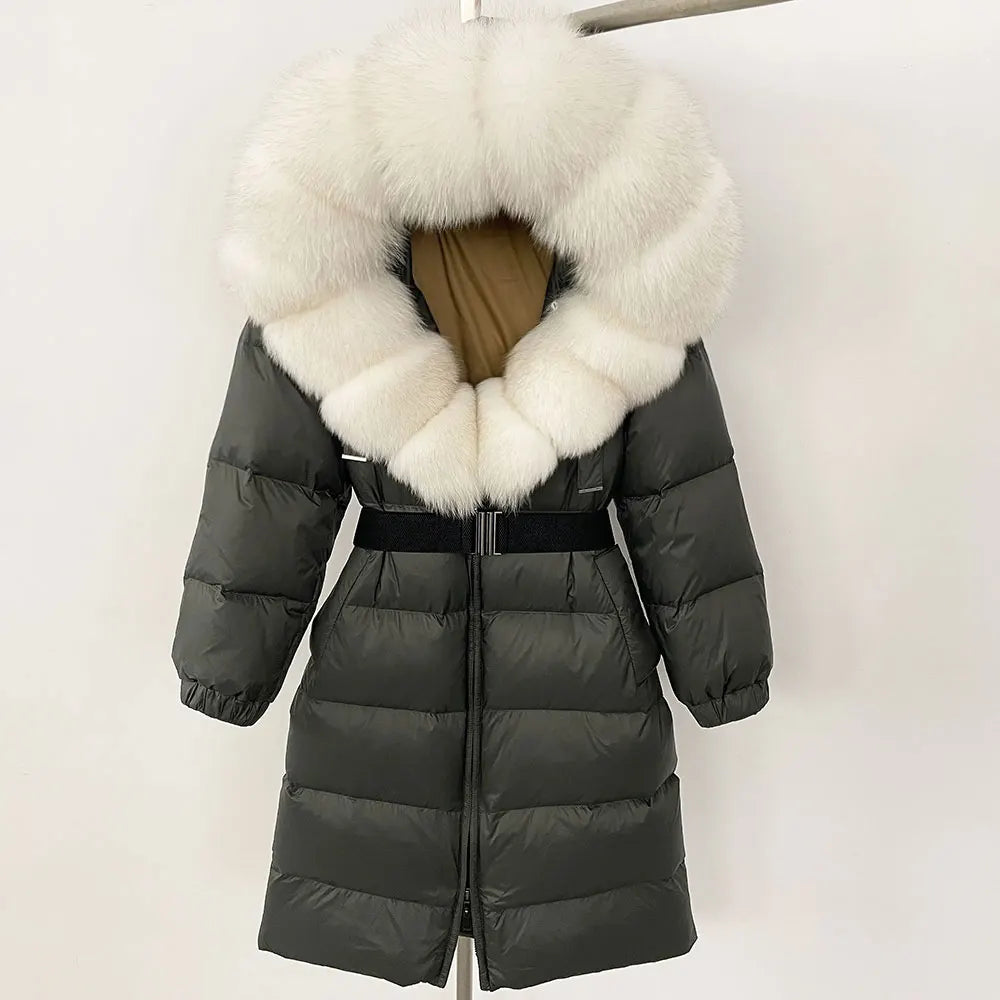 OFTBUY New Natural Thick Warm Duck Down Coat Female Long Winter Jacket Women Real Big Fox Fur Collar Belt Loose Puffer Parka