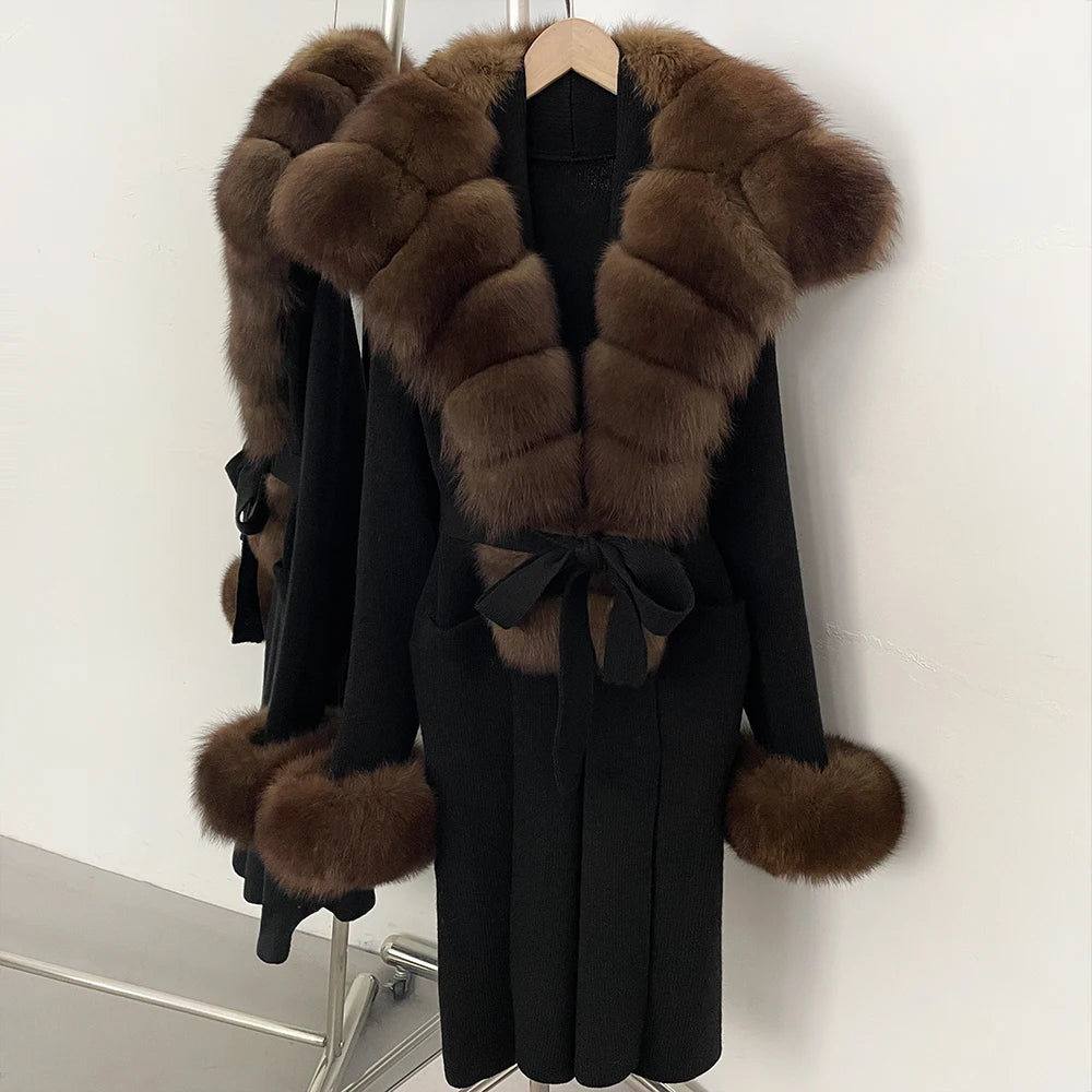 OFTBUY Fashion Warm Belt Real Fox Fur Cardigan New Natural Fur Collar Long Knit Jacket Women Atrumn Winter Top Clothing Female