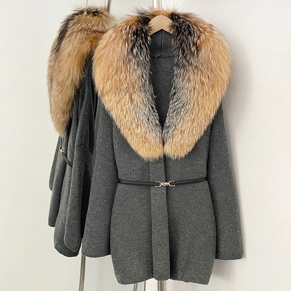 OFTBUY New Autumn Winter Luxury Fashion Outerwear Lady Women's Knit Coat with Large Real Fox Fur Collar Belt Textured Knit Warm