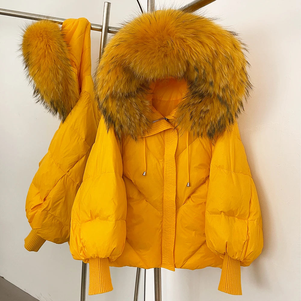 OFTBUY Thicken Warm Knitted Sleeve Coat New Winter Large Real Fur Hooded Puffer Jacket Women White Duck Down Mid Long Parka