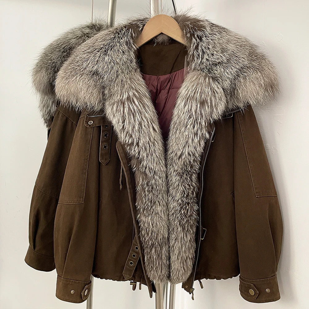 OFTBUY Loose Real Fox Fur Puffer Jacket Lady 100% Cotton Natural Fur Duck Down Coat Female New Winter Thick Warm Clothes Women
