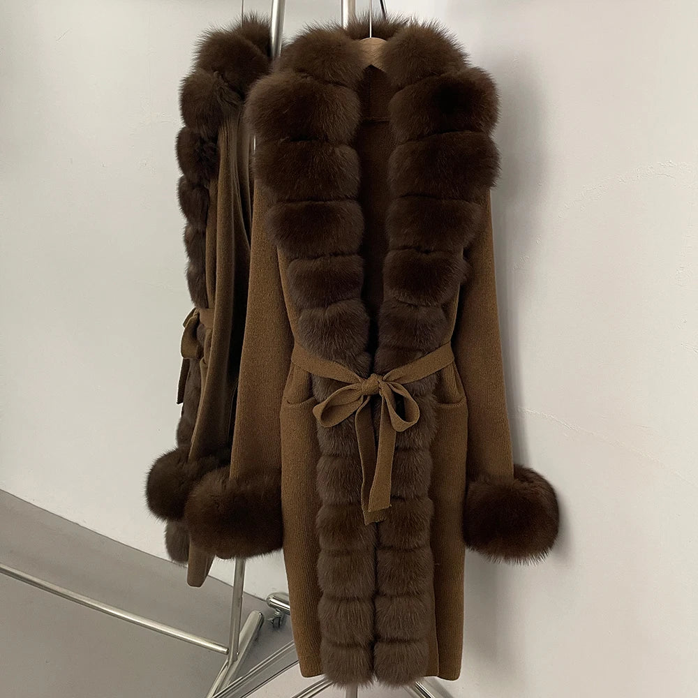OFTBUY Cardigan Sweater New Women's Knit Long Coat with Full Real Fox Fur Belted Pockets Warm Winter Elegant Fashion Outerwear