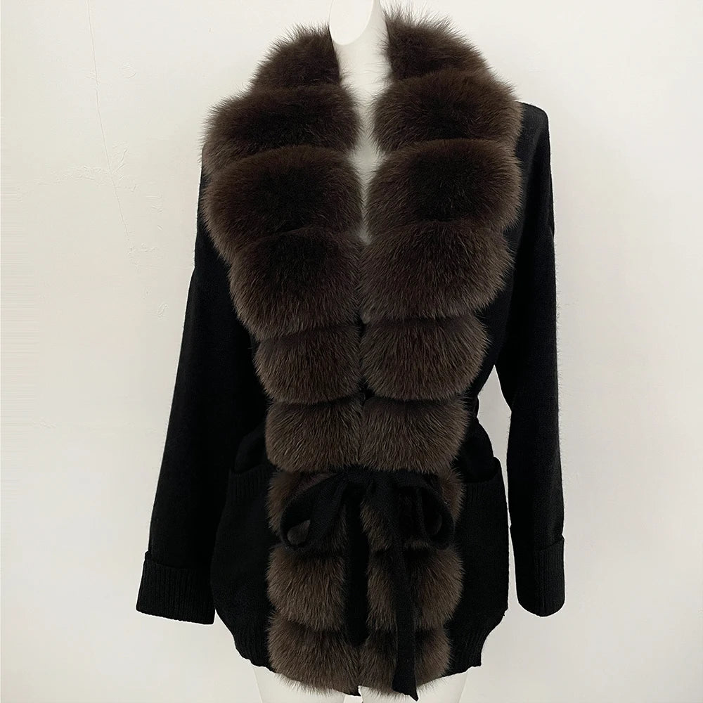 OFTBUY Trim Belted Waist Warm Winter Luxury Fashion Outerwear Sweater Female New Women's Knit Cardigan with Large Real Fox Fur