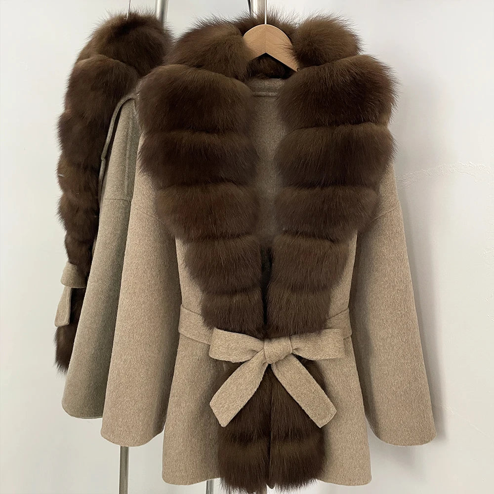 OFTBUY New Autumn Winter Clothes Women Big Natural Fox Fur Pinnacle 100% Wool Coat Female Belt Real Fur Collar Woolen Jacket