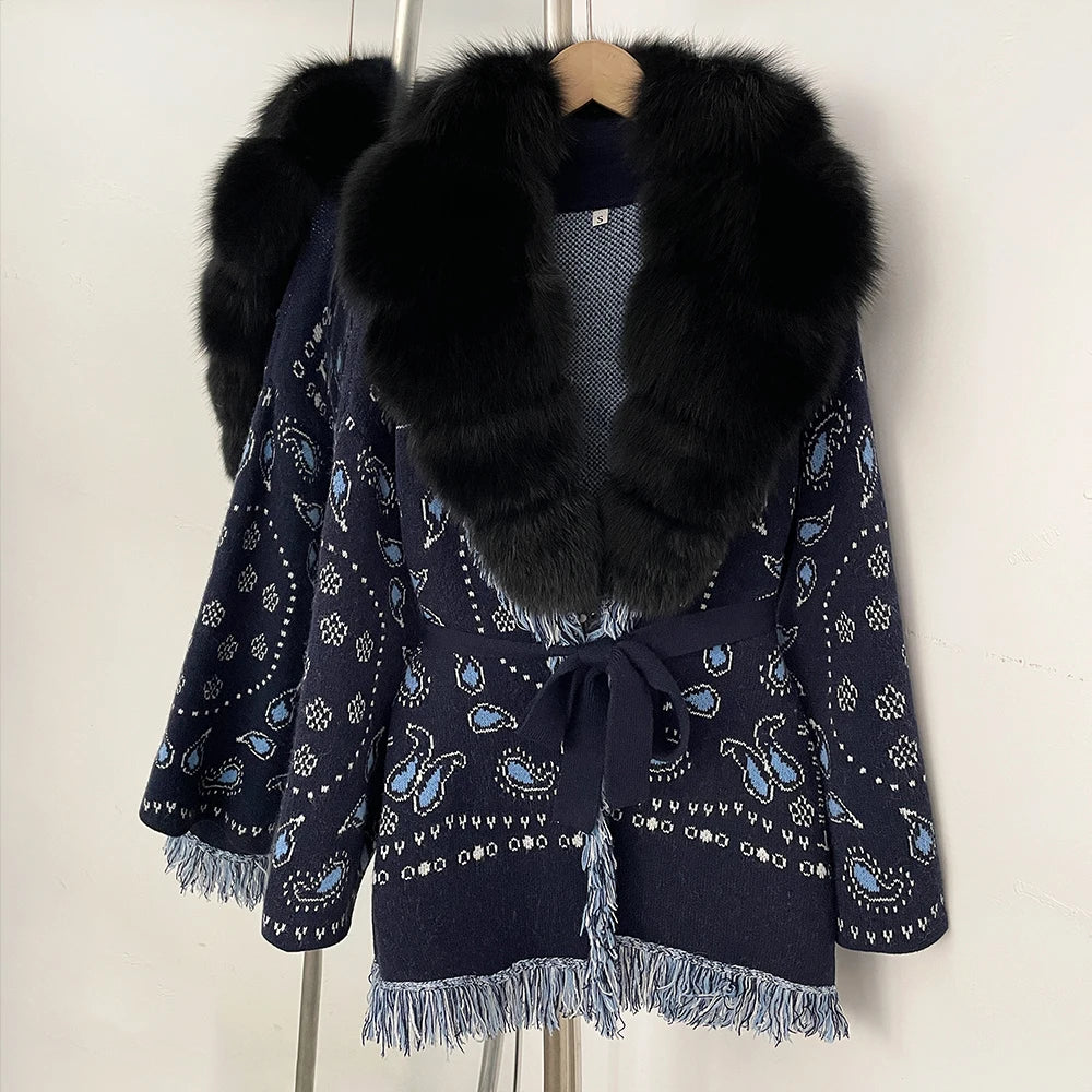 OFTBUY New Luxury Clothes Winter Outerwear Lady Women's Paisley Knit Cardigan with Real Fox Fur Trim Belted Sweater Coat Female